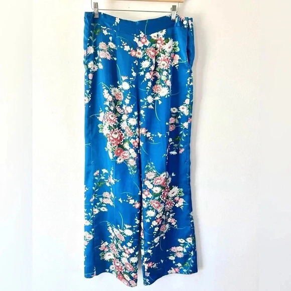 Vintage Blue Floral Satin Kimono Top & Wide Leg Pants Asian Boho 2 Piece Set - Picture 10 of 15